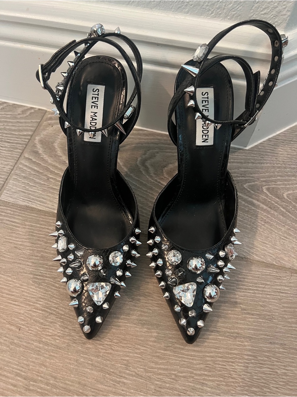 Steve Madden Black Pointed Toe Spike & Crystal Ankle-Strap Heels